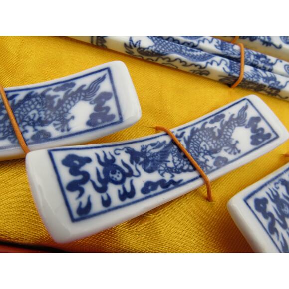 NEW with Gift Box Dragon Chopsticks Porcelain China Blue White Four Sets w Rests - Picture 3 of 12